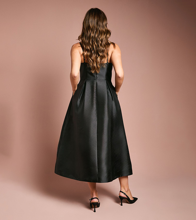 Notch Neck Detail Twill Midi Dress