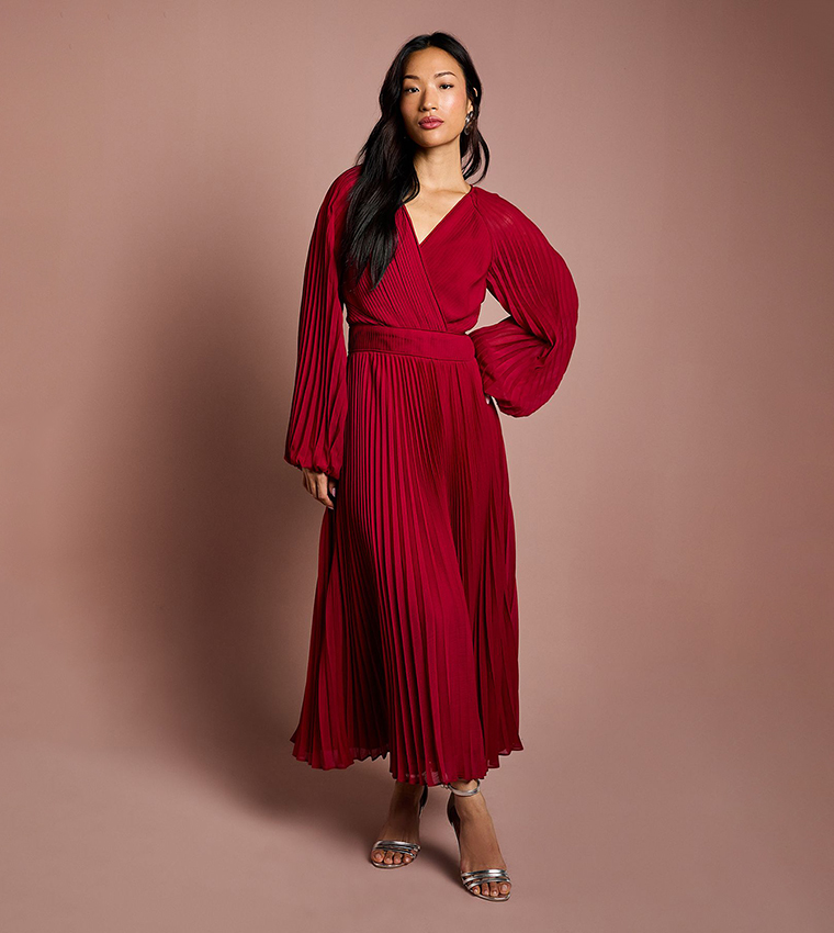 Solid Long Sleeves Chiffon Pleated Wrap Midi Dress