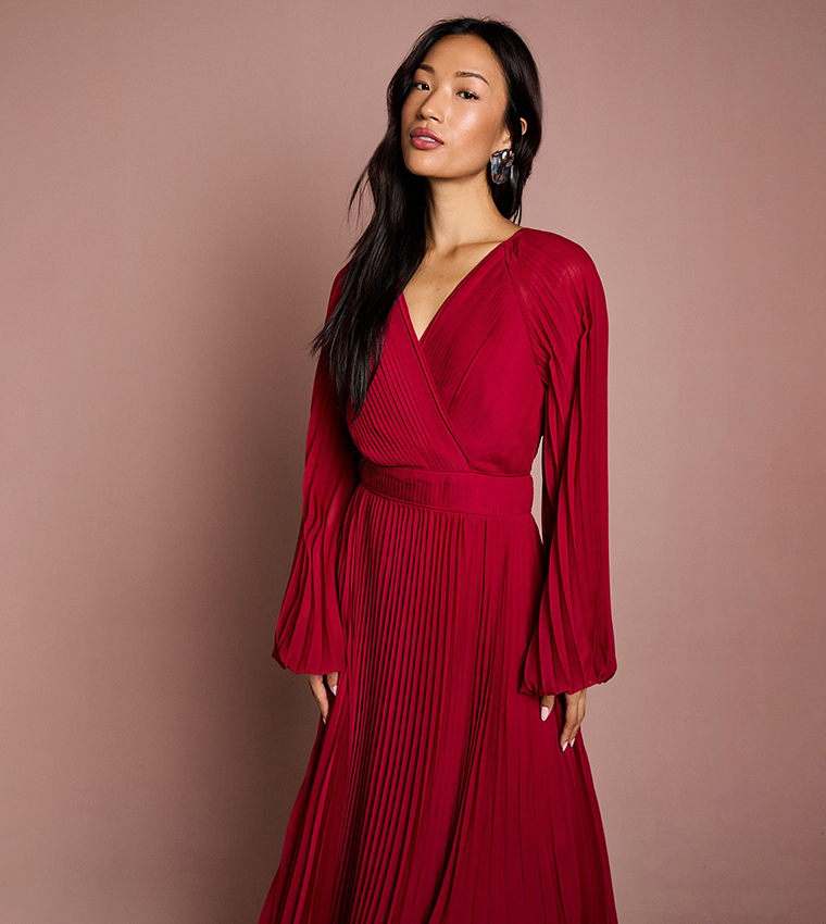 Solid Long Sleeves Chiffon Pleated Wrap Midi Dress