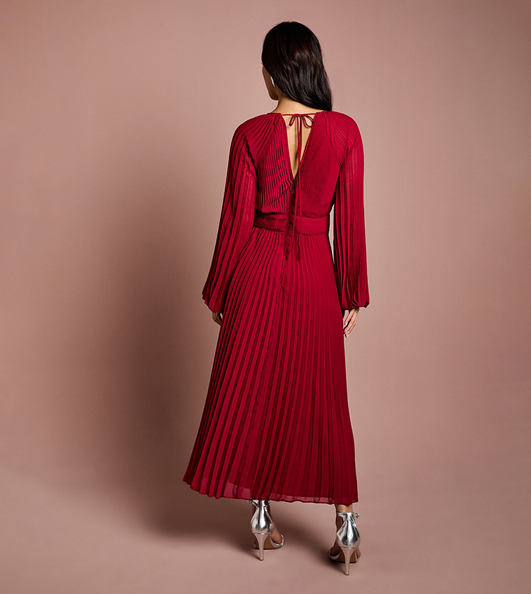 Solid Long Sleeves Chiffon Pleated Wrap Midi Dress