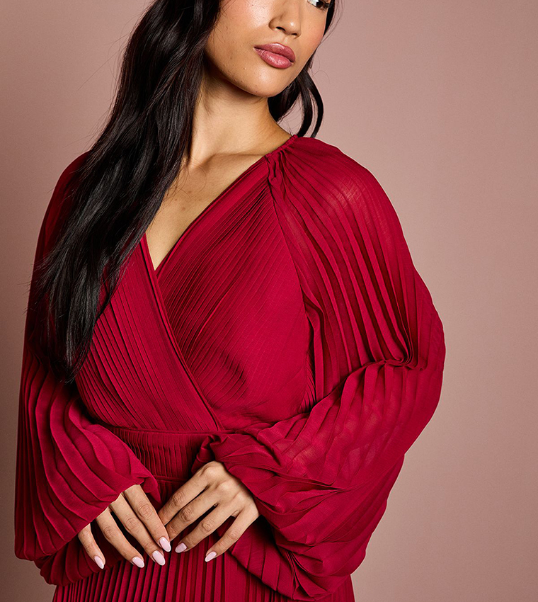 Solid Long Sleeves Chiffon Pleated Wrap Midi Dress