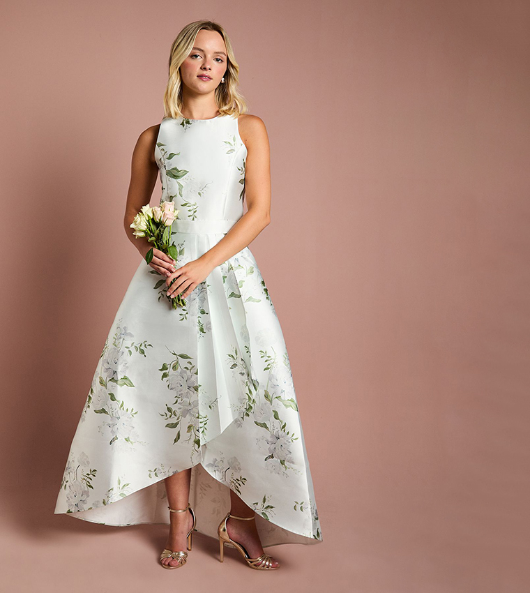Teen Coast Printed Twill Waterfall Bridesmaids Maxi Dress