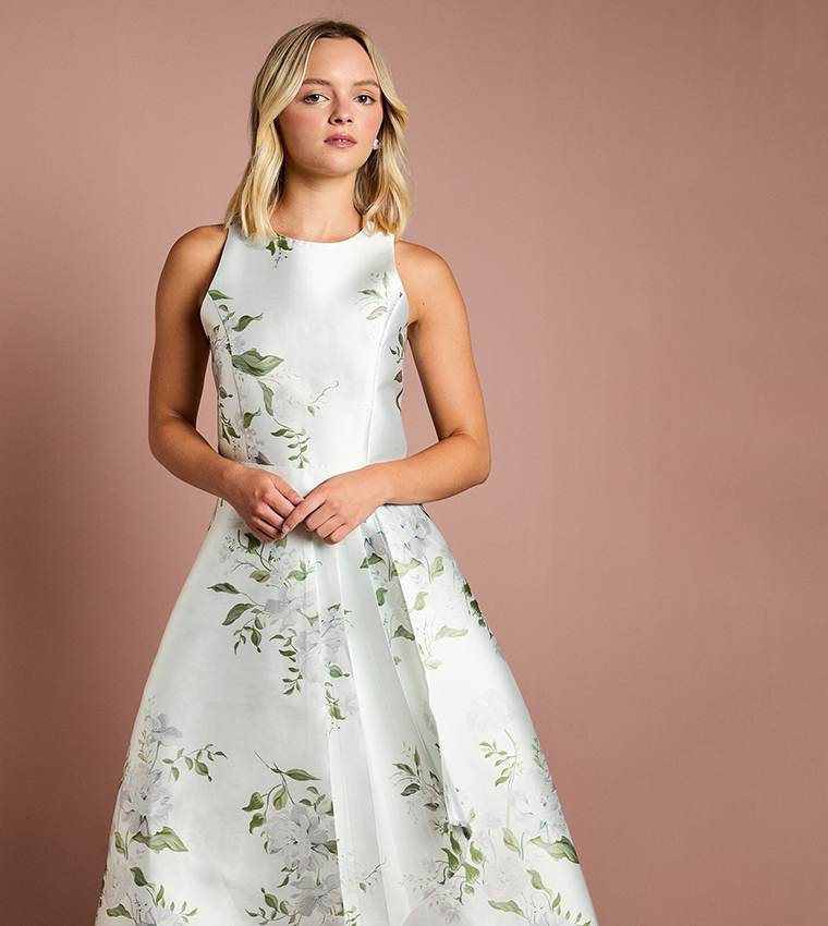 Teen Coast Printed Twill Waterfall Bridesmaids Maxi Dress