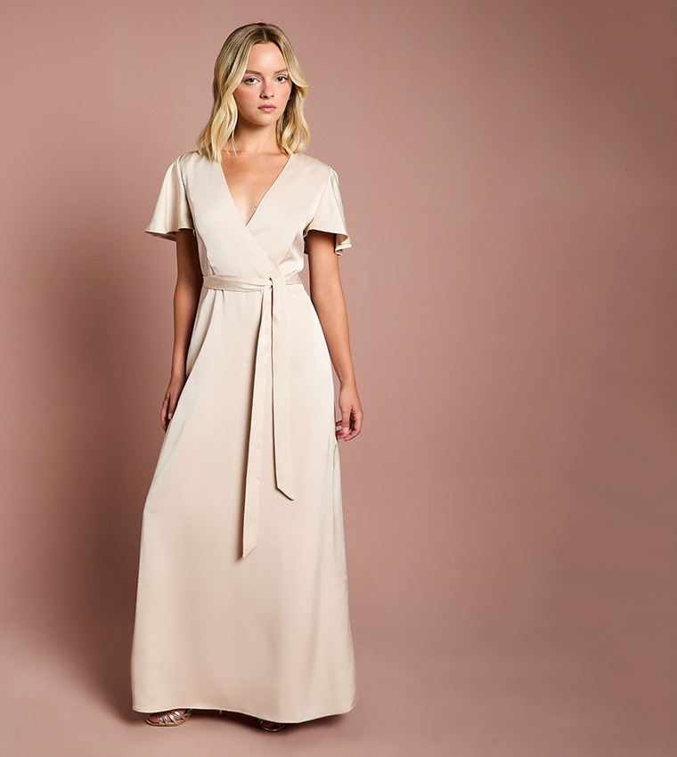 affordable bridesmaid dresses san diego Angel Sleeve Wrap Design Midi Dress in Lilac main image 1
