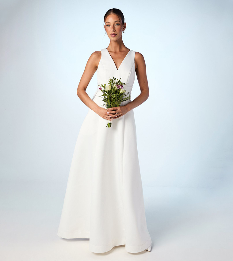 Back Bow Detail Satin Plunge V-Neck Maxi Wedding Dress
