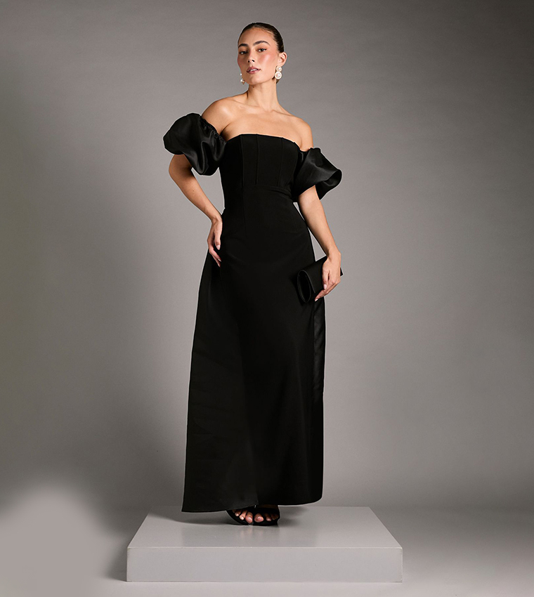 Bardot Puff Sleeves Strapless Maxi Dress