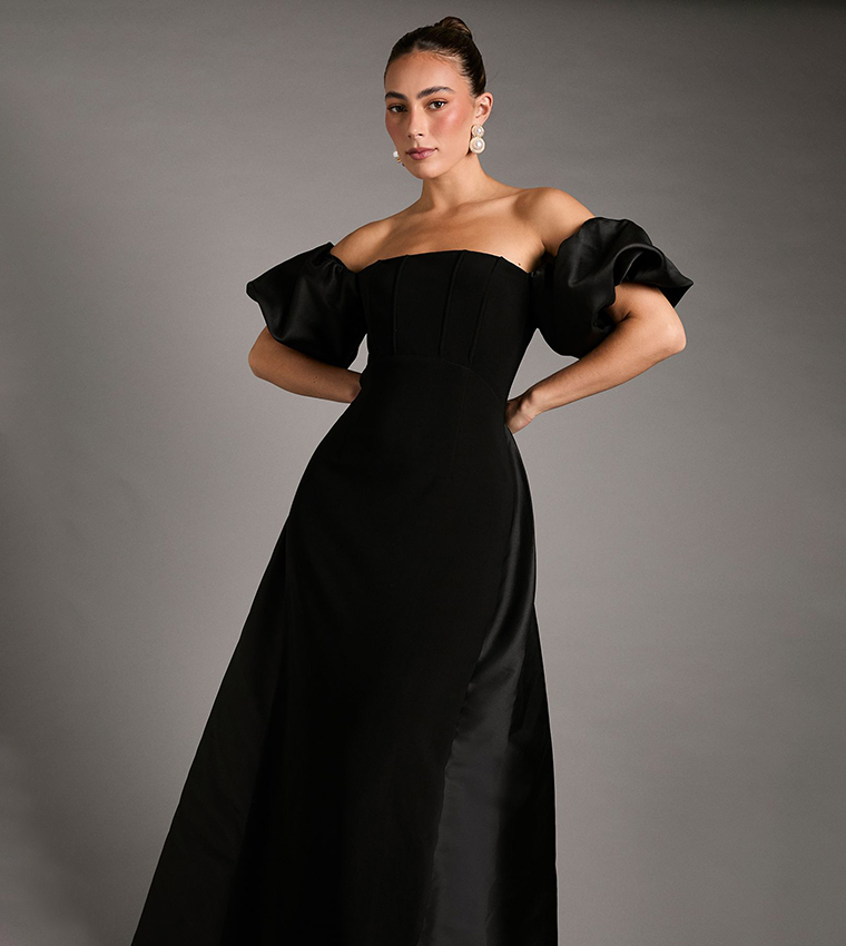 Bardot Puff Sleeves Strapless Maxi Dress