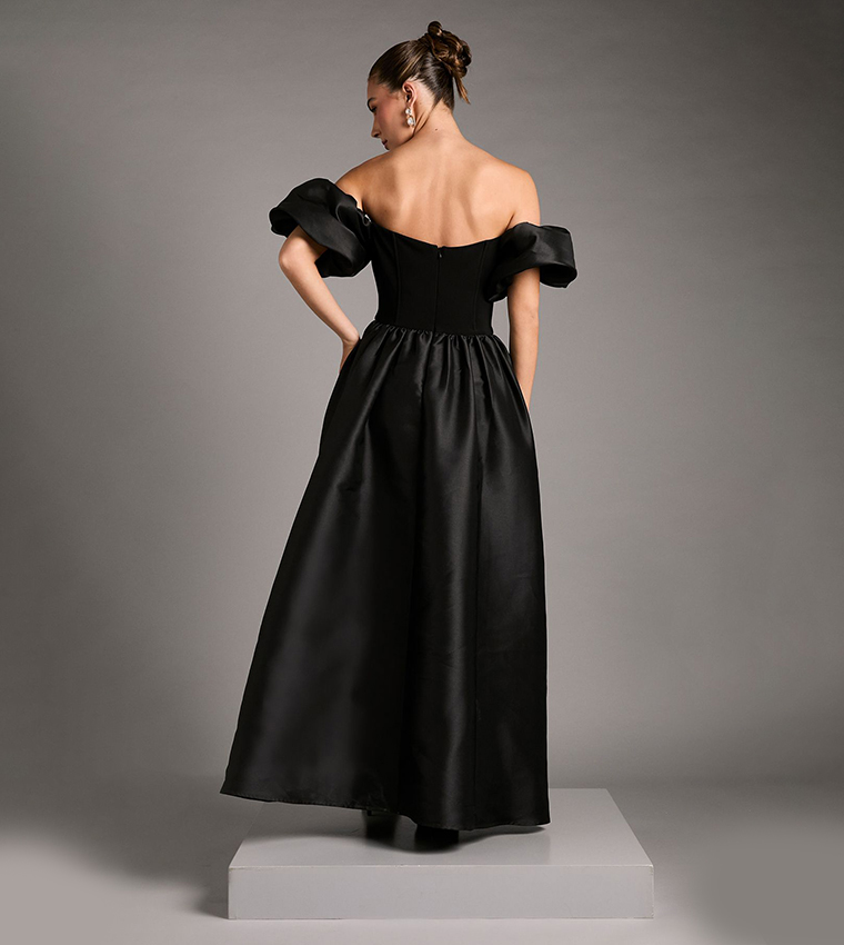 Bardot Puff Sleeves Strapless Maxi Dress