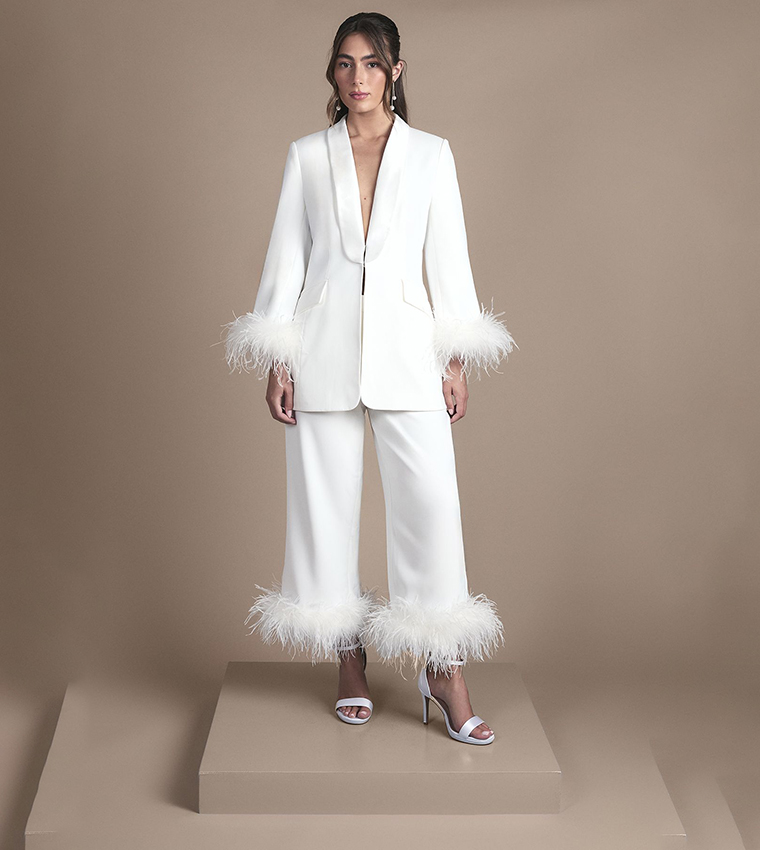 Feather Trim Single Breasted Tux Wedding Blazer