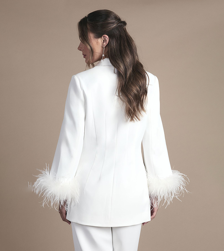 Feather Trim Single Breasted Tux Wedding Blazer