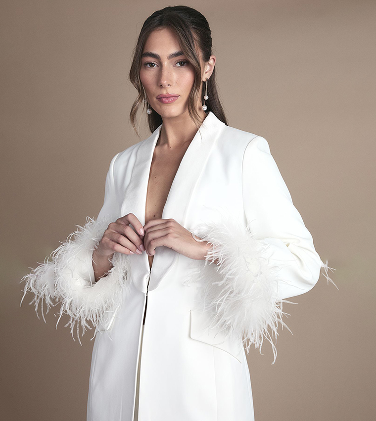 Feather Trim Single Breasted Tux Wedding Blazer