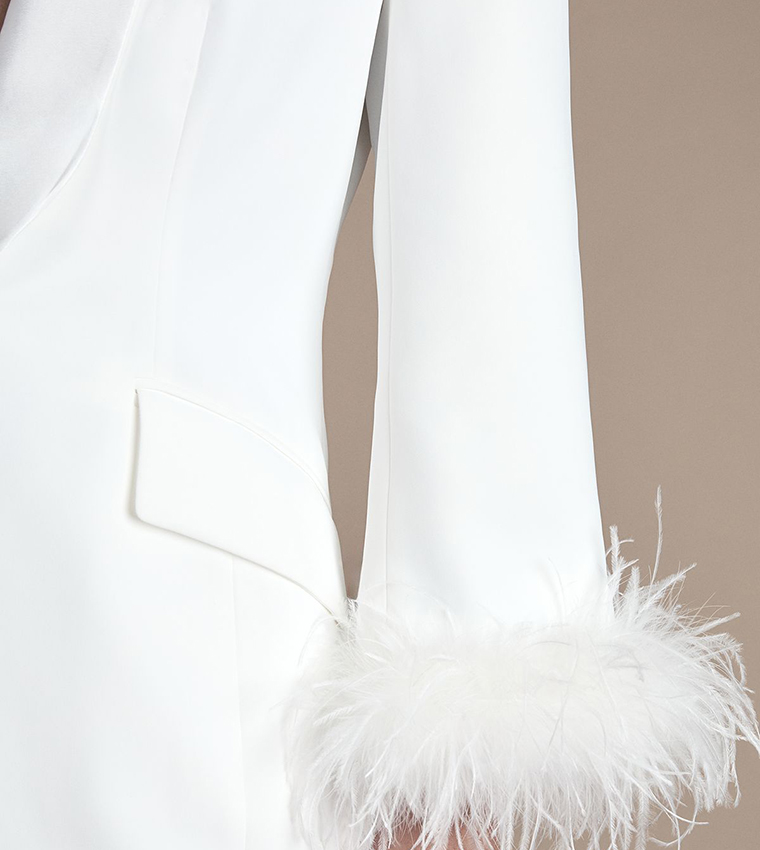 Feather Trim Single Breasted Tux Wedding Blazer