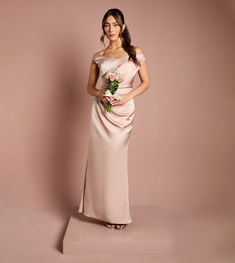 Buy Coast Outlet Satin Bardot Ruched Bridesmaid Maxi Dress In Beige |  6thstreet Qatar