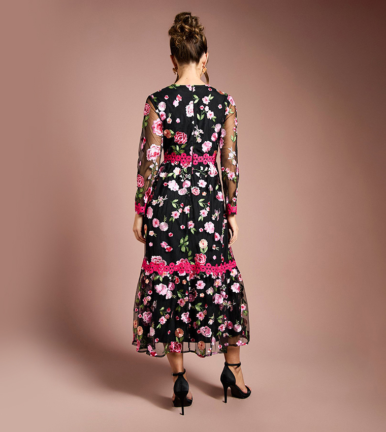 Embroidered Floral Long Sleeves Midi Dress