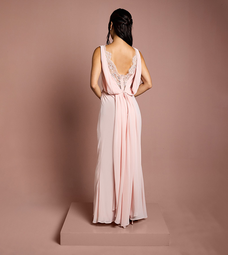 Satin Lace Back Detail Maxi Bridesmaids Dress