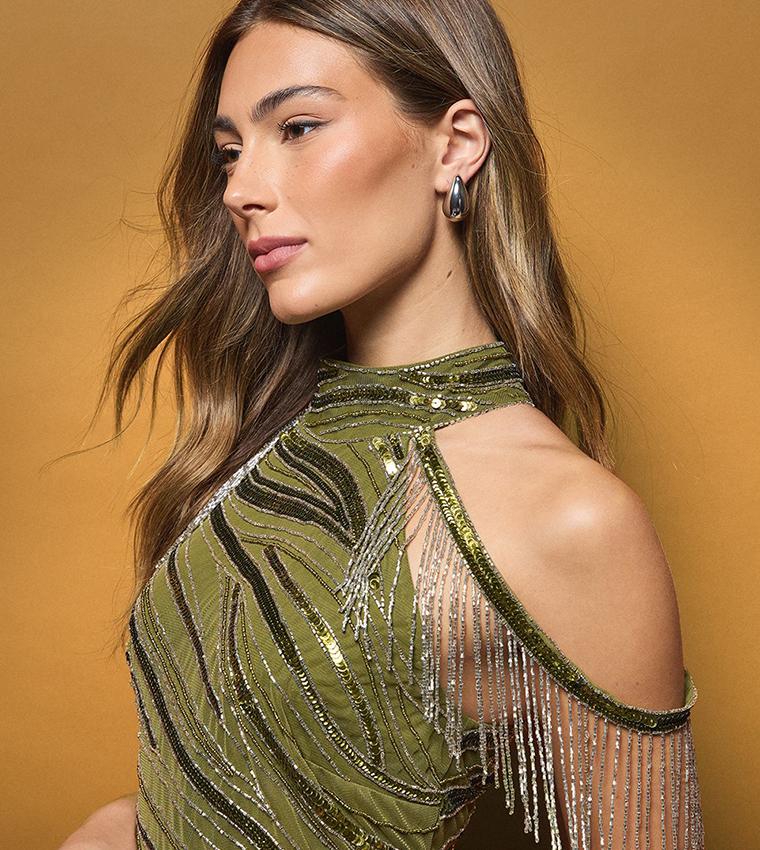 Draped Shoulder Halter Neck Beaded Maxi Dress