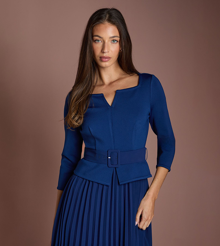 Bandage Long Sleeves Dress with Pleated Skirt
