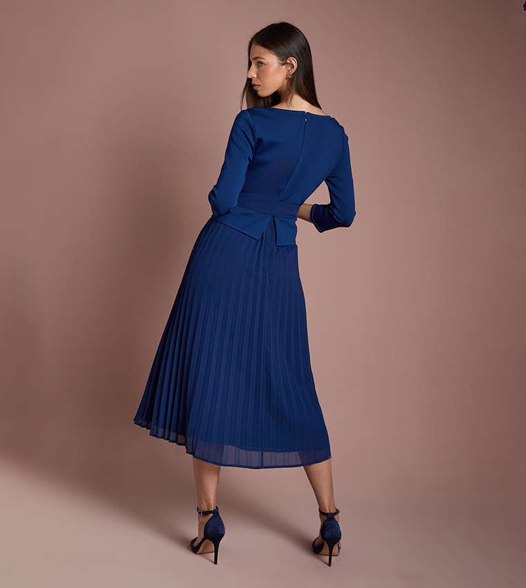 Bandage Long Sleeves Dress with Pleated Skirt