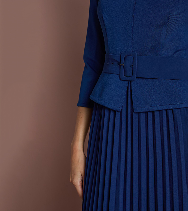 Bandage Long Sleeves Dress with Pleated Skirt
