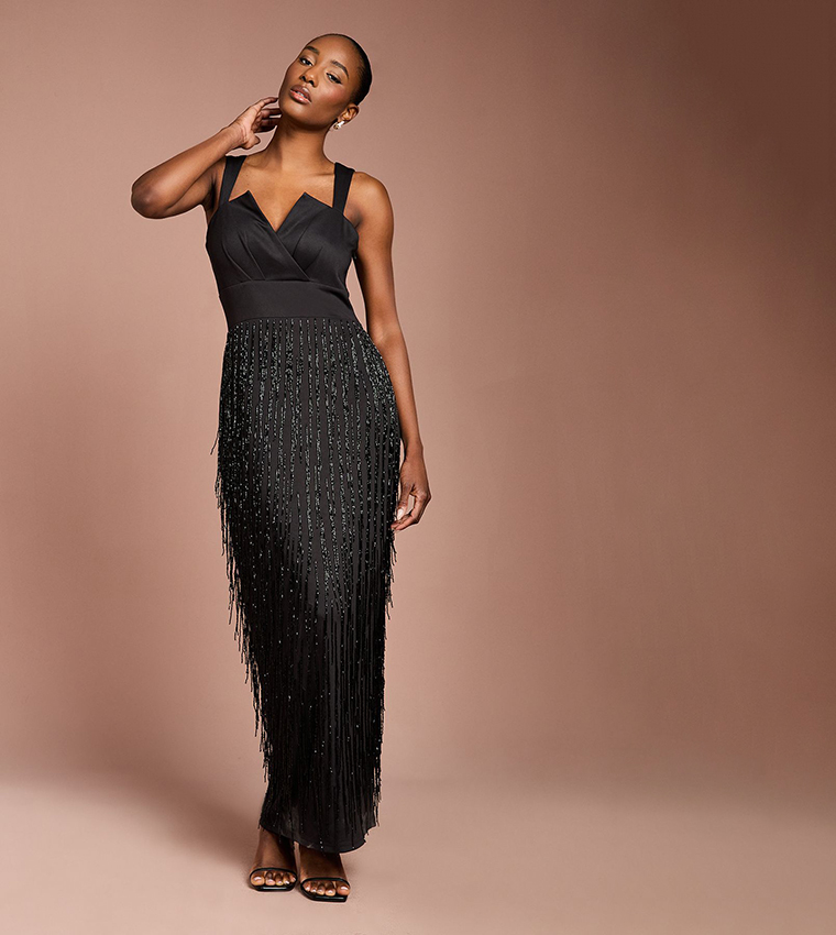 Beaded Fringe Square Neck Maxi Dress
