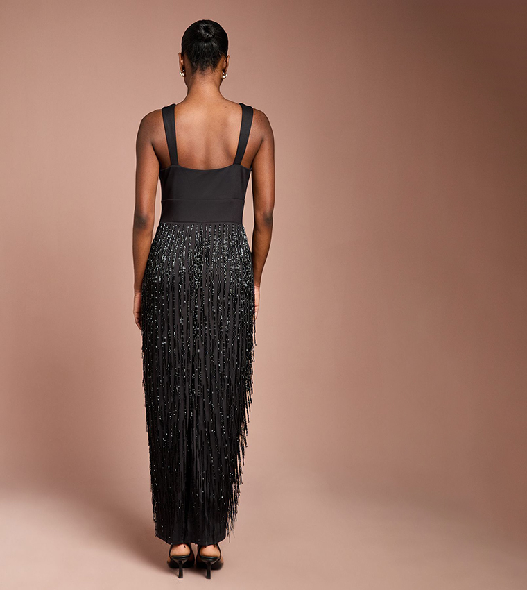 Beaded Fringe Square Neck Maxi Dress