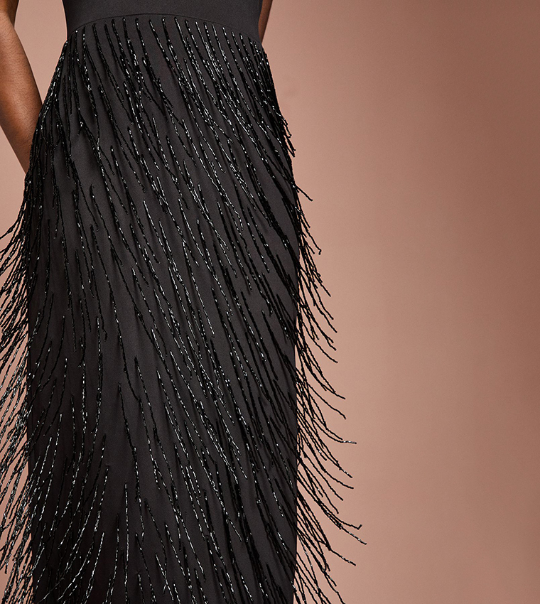 Beaded Fringe Square Neck Maxi Dress