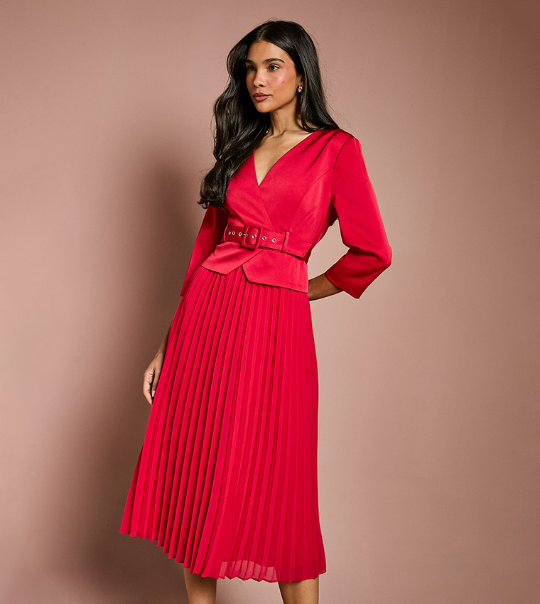 Satin Pleated Belted Midi Wedding Guest Dress