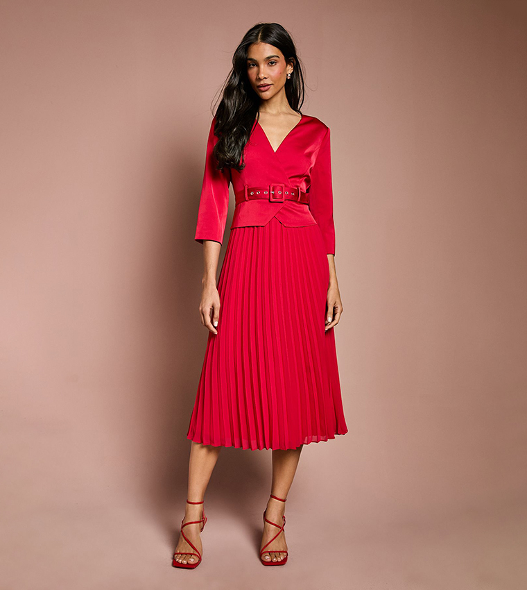 Satin Pleated Belted Midi Wedding Guest Dress