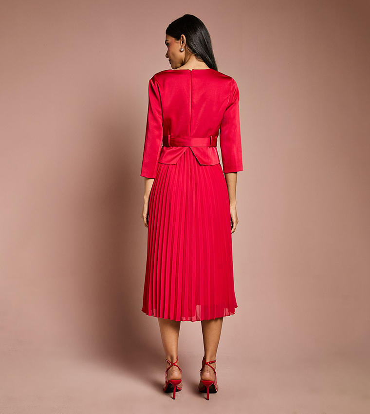 Satin Pleated Belted Midi Wedding Guest Dress