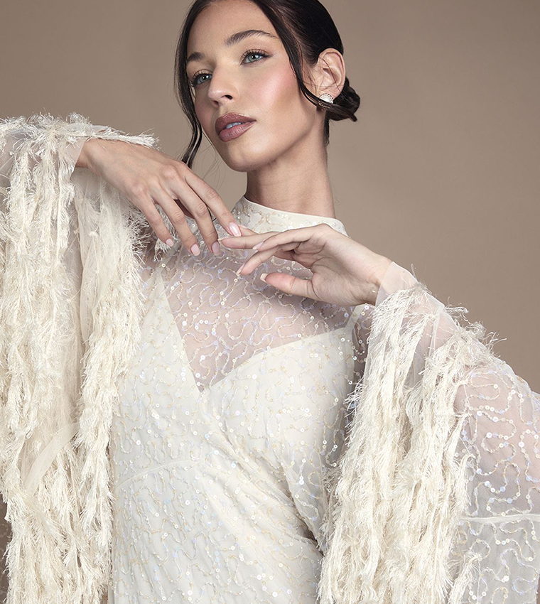 Embellished Feather Trim Cape Maxi Wedding Dress