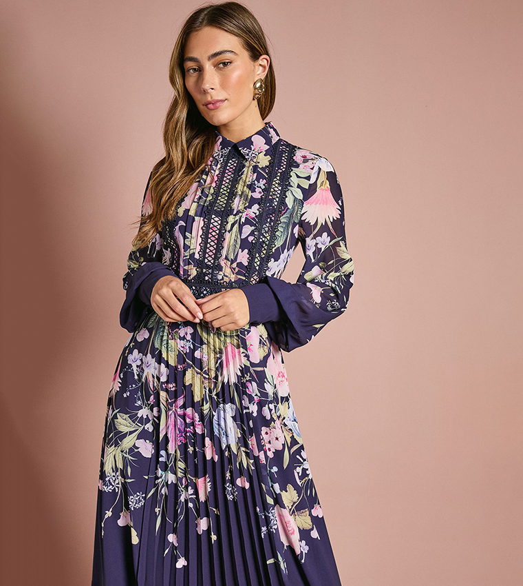 Placement Print Collared Midi Shirt Dress