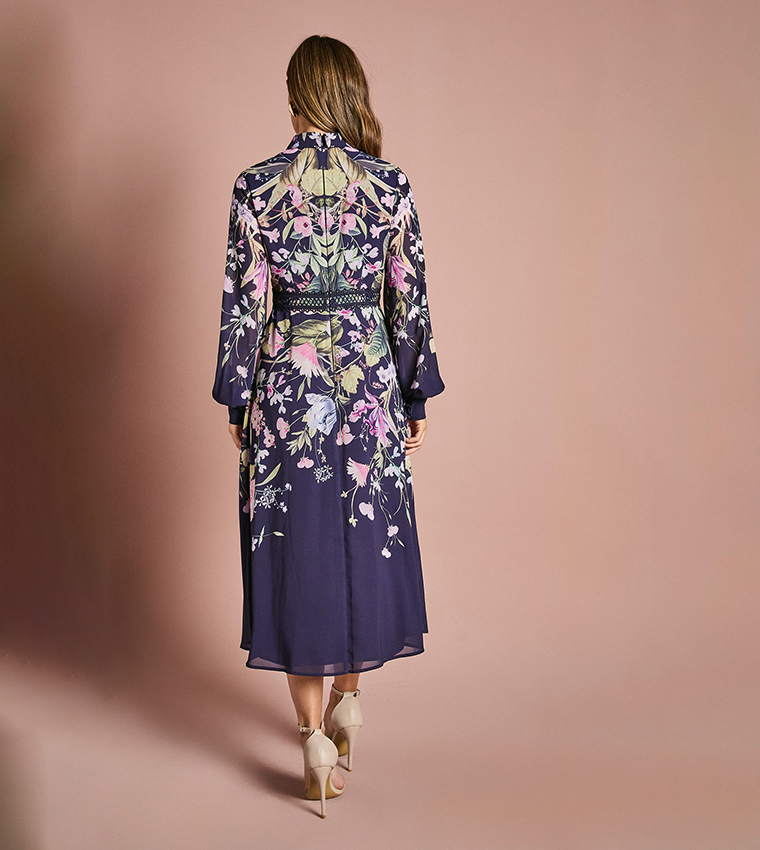 Placement Print Collared Midi Shirt Dress