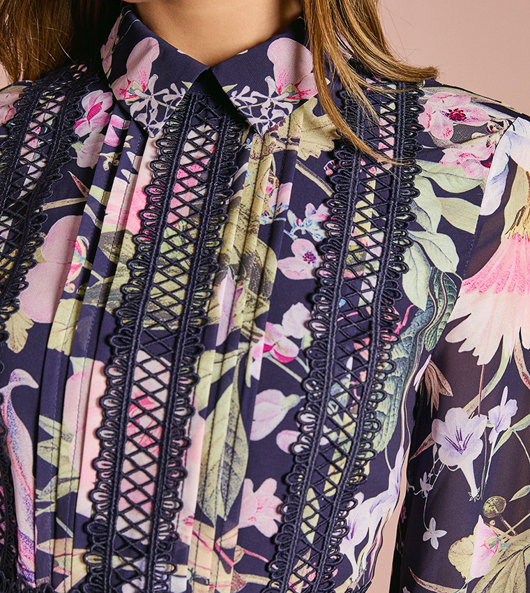 Placement Print Collared Midi Shirt Dress