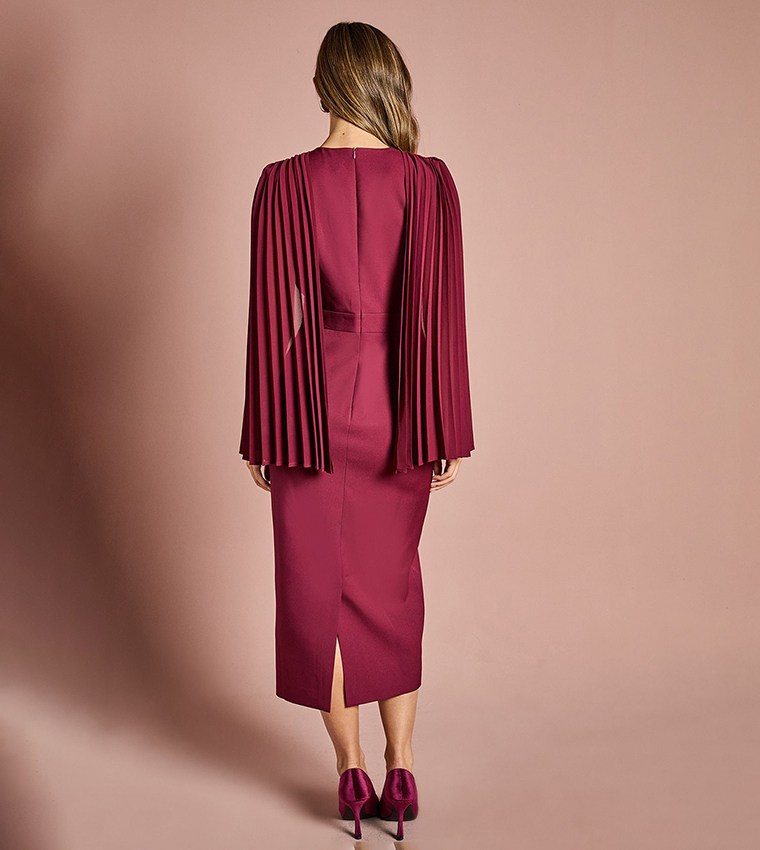 Pleated Cape Sleeves Crepe Pencil Midi Dress