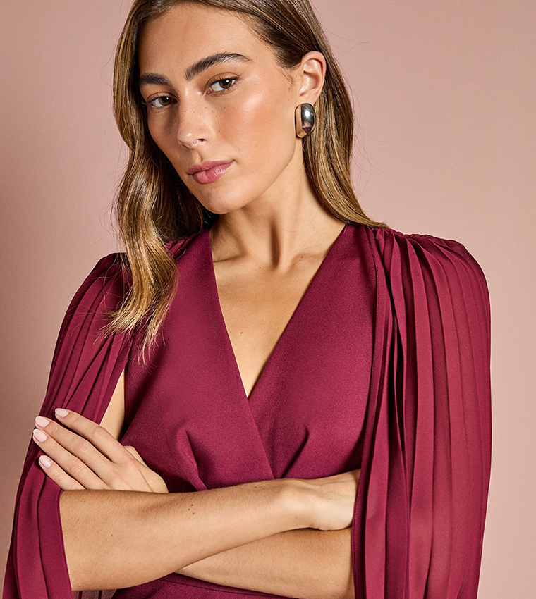 Pleated Cape Sleeves Crepe Pencil Midi Dress