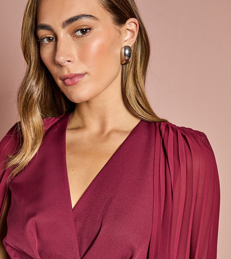 Pleated Cape Sleeves Crepe Pencil Midi Dress