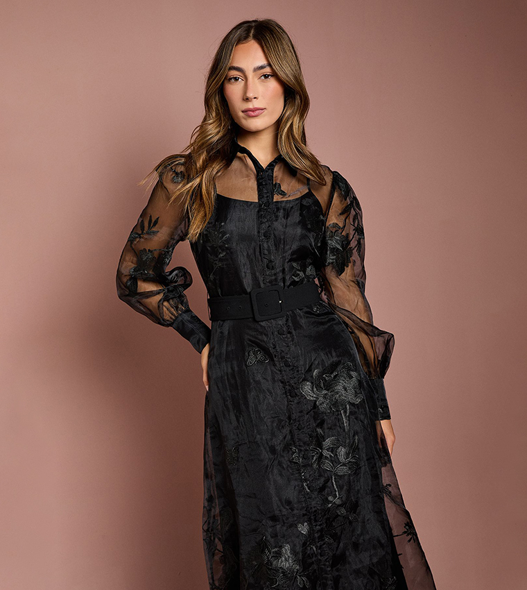 open lace back dress Unforgotten tales of Organza Black Maxi Shirt Dress