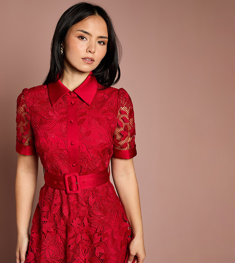 Petite Satin Trim Lace Midi Shirt Dress