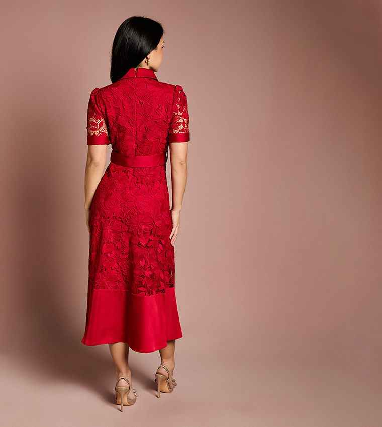 Petite Satin Trim Lace Midi Shirt Dress