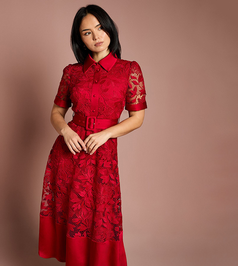 Petite Satin Trim Lace Midi Shirt Dress