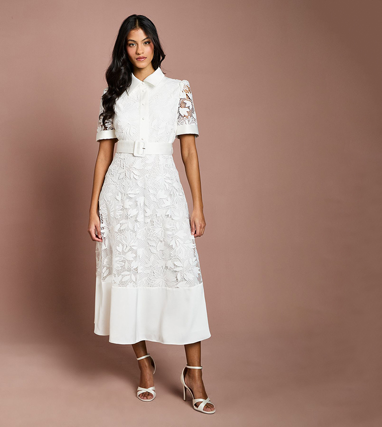Petite Satin Trim Lace Shirt Midi Dress
