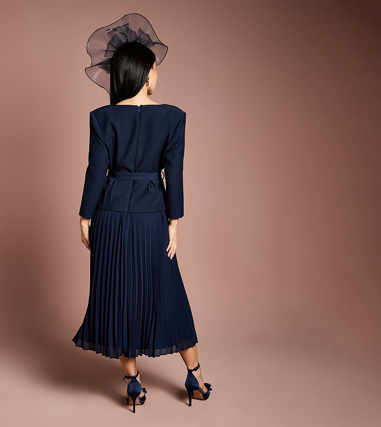 Petite Crepe Bodice Long Sleeves Pleated Midi Dress