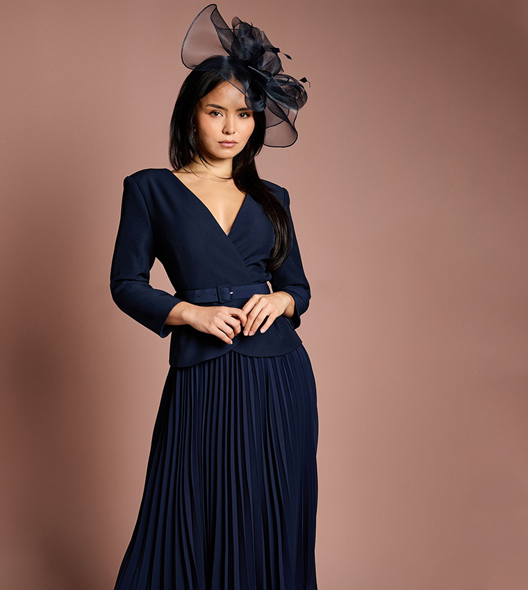 Petite Crepe Bodice Long Sleeves Pleated Midi Dress