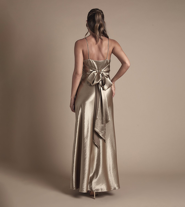 slim fit dress slacks Gold V Neck Long Bridesmaid Dress with Slit – FancyVestido main image 0