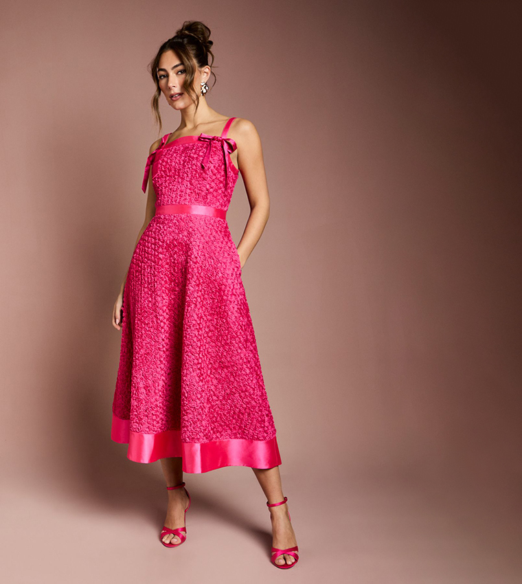 3D Flower Strappy Midi Dress