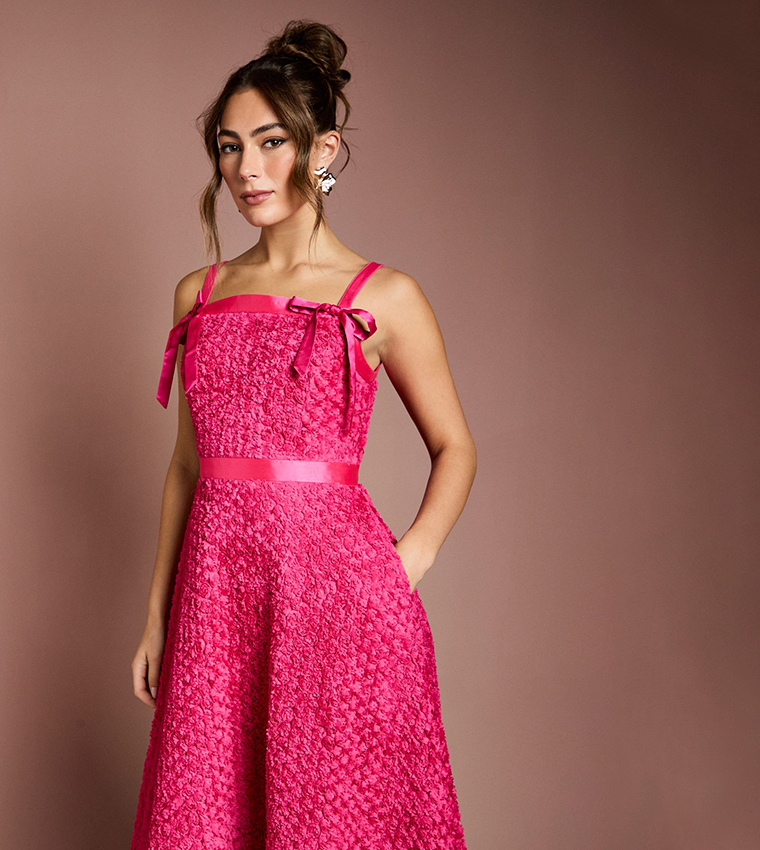 3D Flower Strappy Midi Dress