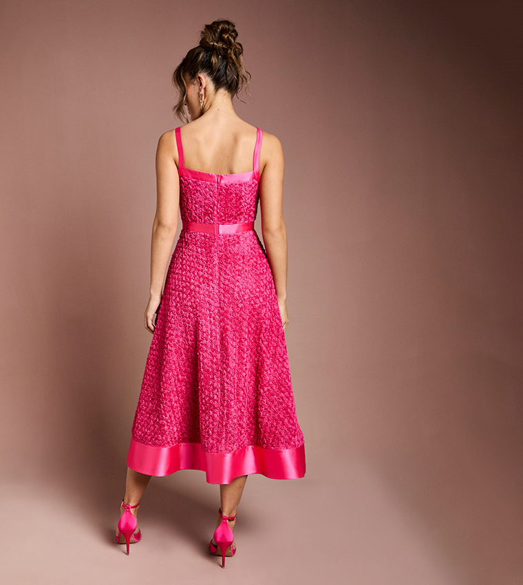 3D Flower Strappy Midi Dress