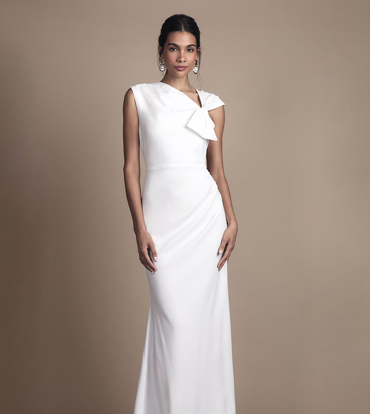 Asymmetric Neck with Bow Detail Crepe Maxi Wedding Dress