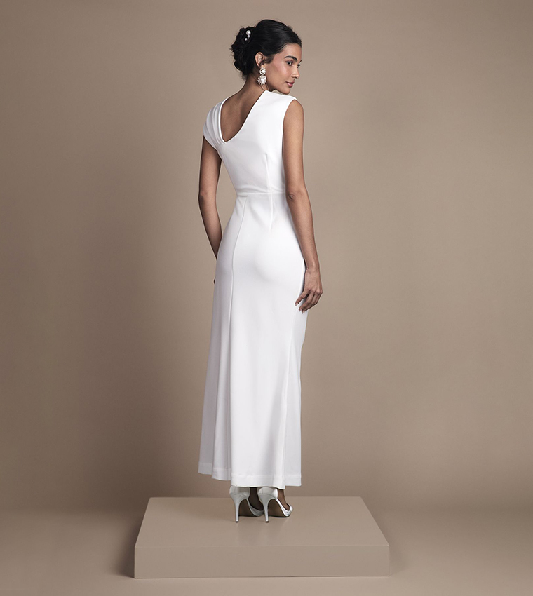 Asymmetric Neck with Bow Detail Crepe Maxi Wedding Dress