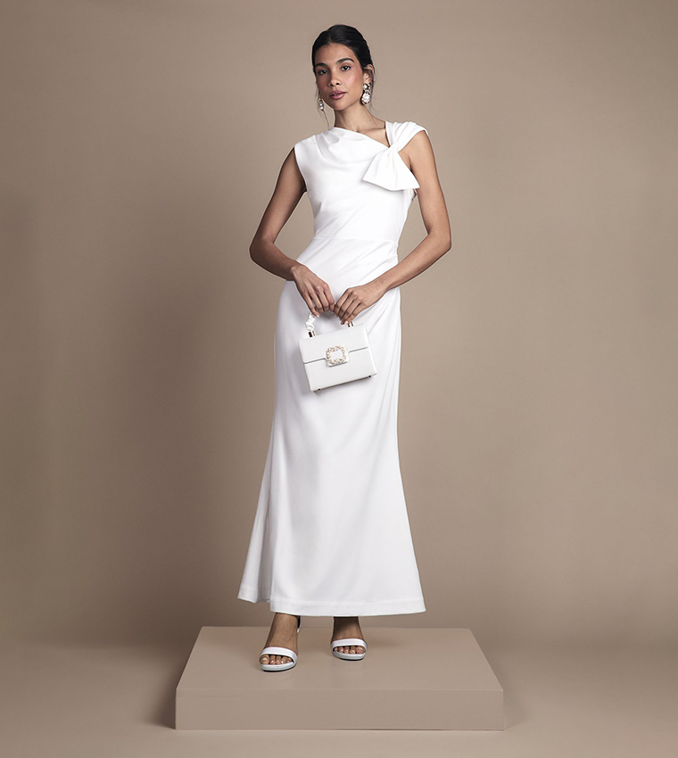 Asymmetric Neck with Bow Detail Crepe Maxi Wedding Dress